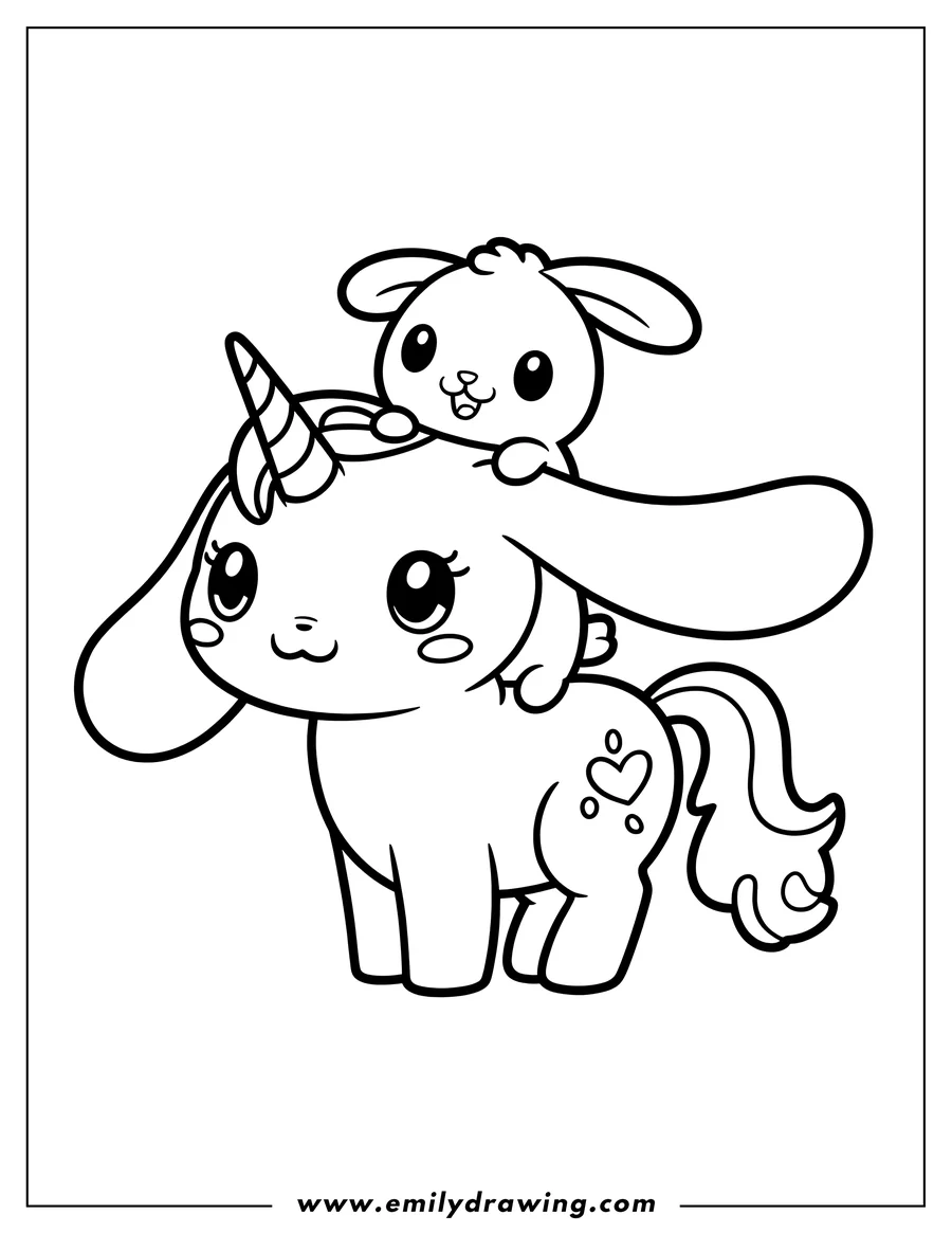 Line art of Cinnamoroll the unicorn puppy with a bunny on his back.