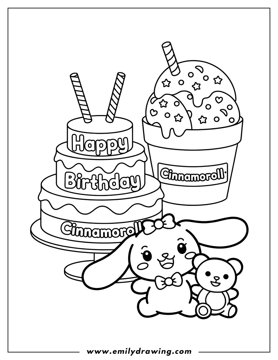 Line art of Cinnamoroll with a two-tiered birthday cake and a cup of ice cream, accompanied by a small teddy bear.