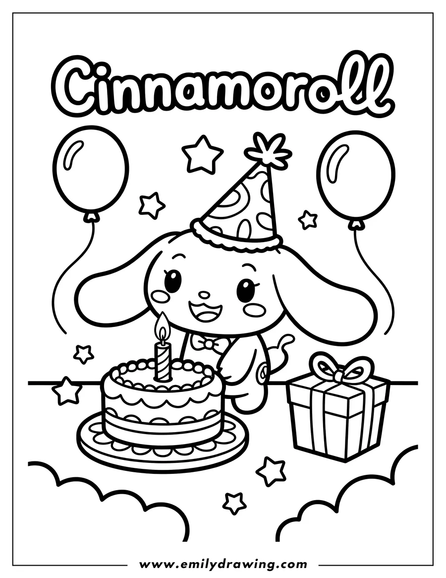 Line art of Cinnamoroll at his birthday party with a cake, a present, and balloons.