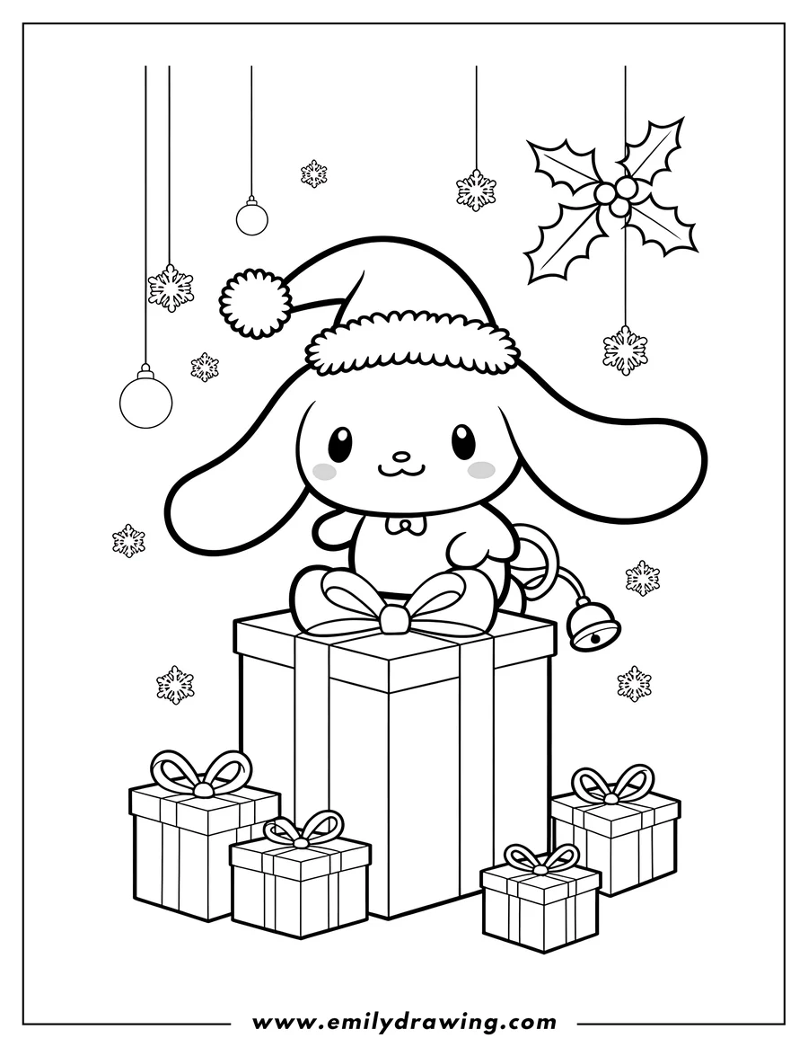 Outline of Cinnamoroll wearing a Santa hat and sitting on a Christmas present, surrounded by other gifts, snowflakes, ornaments, and holly.