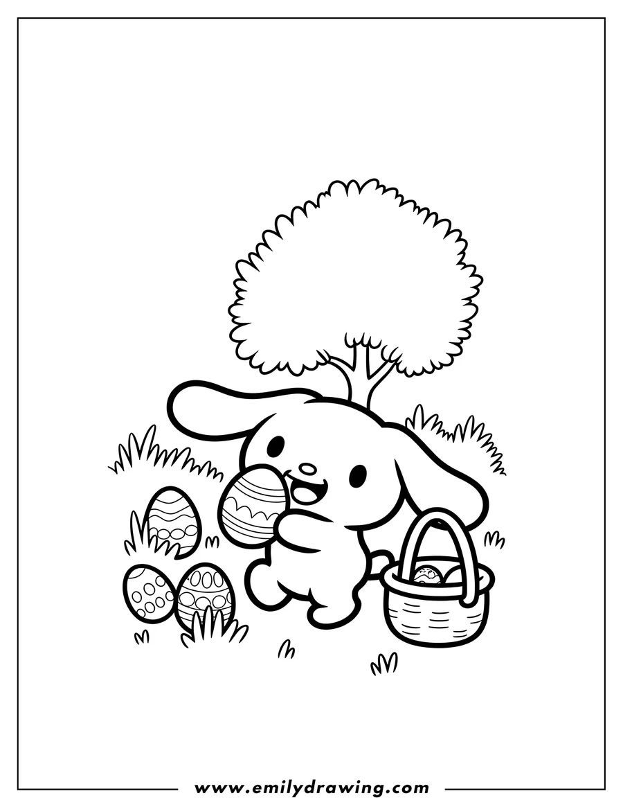 Cinnamoroll holding Easter eggs with a basket full of eggs near a tree.