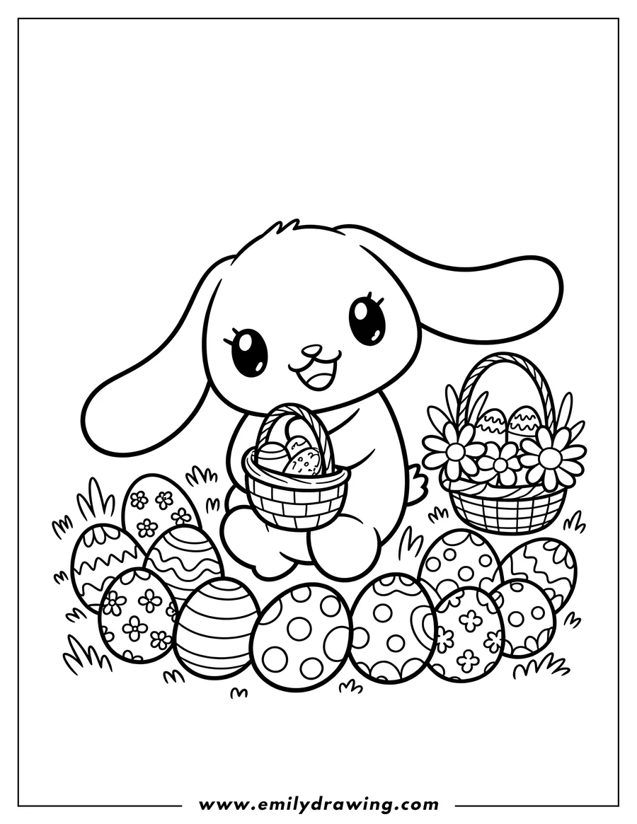 Cinnamoroll sitting with Easter eggs and a basket of flowers.