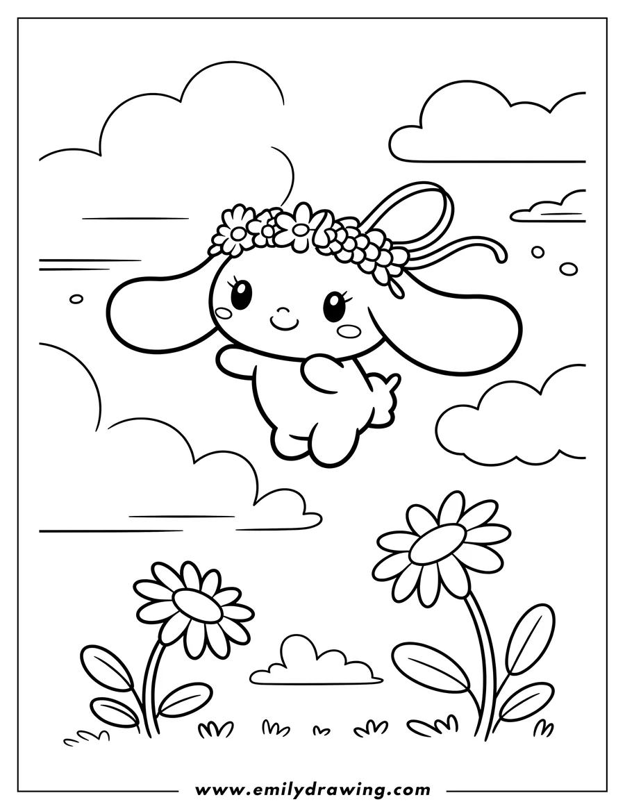 Line art of Cinnamoroll flying in the sky wearing a flower crown, with clouds and flowers below.