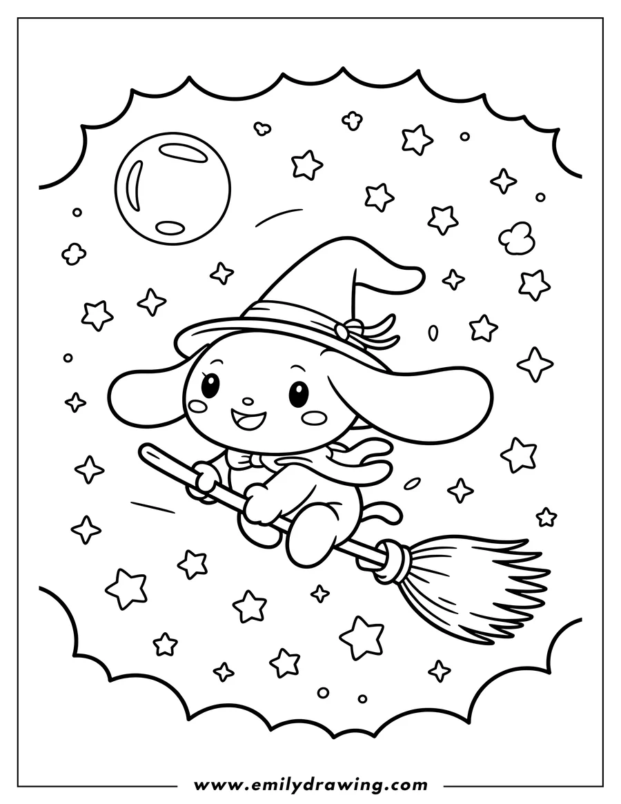 Line art of Cinnamoroll, a small white puppy with long ears, wearing a witch's hat and flying on a broom against a background of stars and a large moon.
