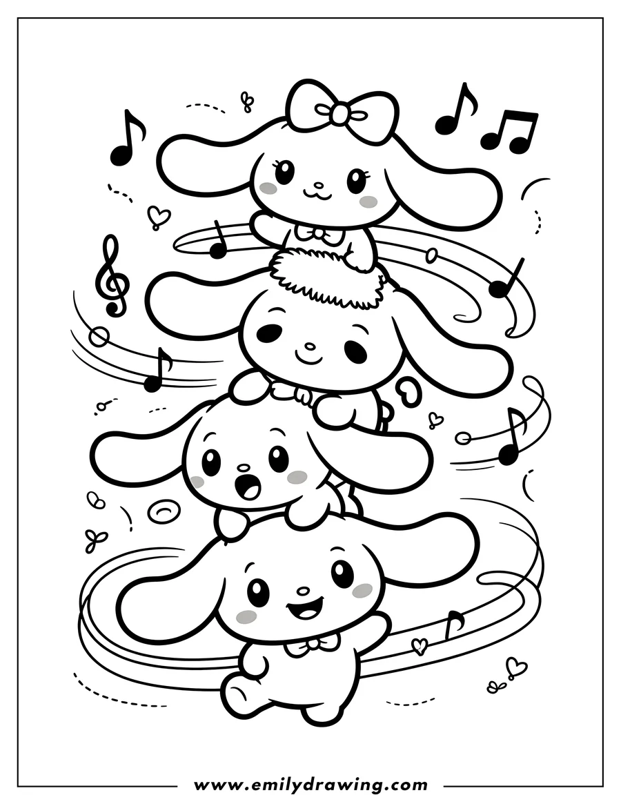 Line art of three Cinnamoroll characters surrounded by musical notes and hearts. One wears a bow, another has a fluffy cloud on its head, and the third looks ready to sing.