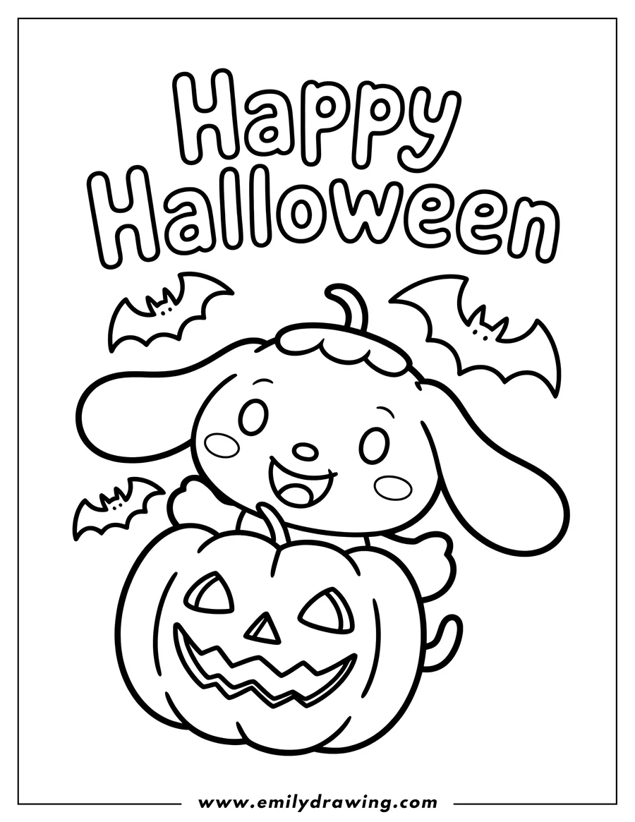 Line art of Cinnamoroll with a carved pumpkin and three small bats for Halloween. The words