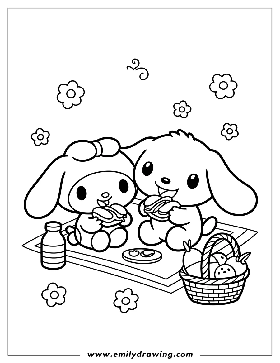 Line art of Cinnamoroll and a friend having a picnic with sandwiches and a basket of fruit on a blanket.