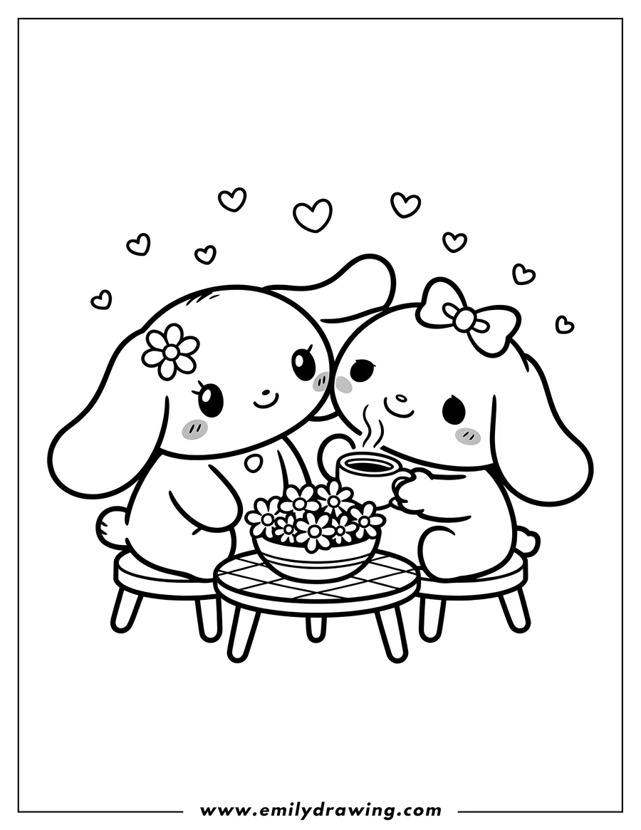 Outline of two Cinnamoroll characters seated at a small table, enjoying tea together. One Cinnamoroll has a flower on its head, while the other wears a bow. A bowl of flowers sits on the table between them, and small hearts decorate the background.