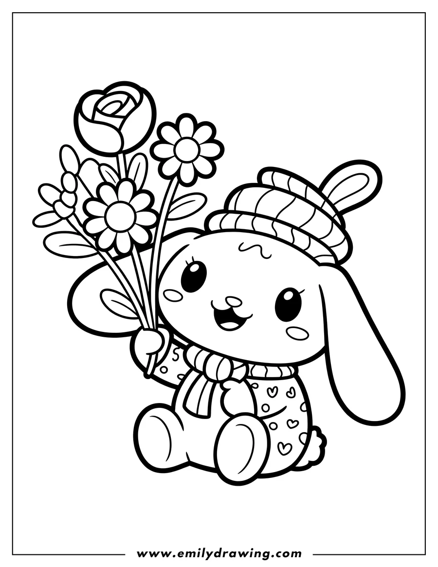 Outline of Cinnamoroll sitting and holding a bouquet of flowers. He's wearing a striped winter hat and a scarf.