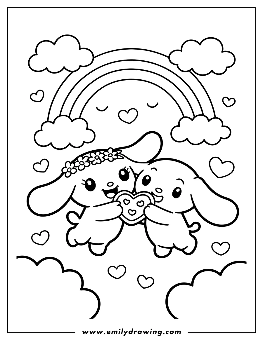 Outline of two Cinnamoroll characters holding a heart-shaped cookie in front of a rainbow. Several clouds and hearts decorate the background.