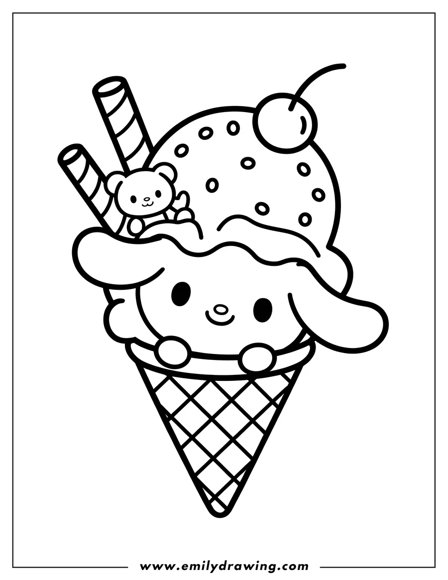 Line art of Cinnamoroll sitting in an ice cream cone, accompanied by a small teddy bear and wafer sticks.