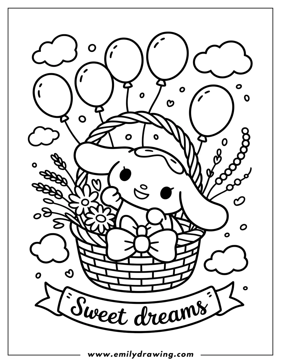 Outline of Cinnamoroll sitting in a basket with balloons, flowers, and clouds. A banner below reads 'Sweet Dreams'.