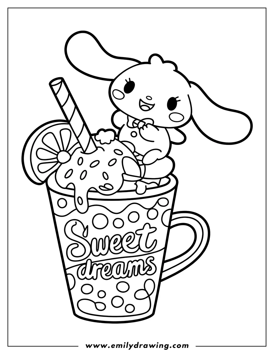 Line art of Cinnamoroll sitting happily in a large mug filled with a layered dessert, topped with whipped cream, a strawberry, an orange slice, and a striped straw.