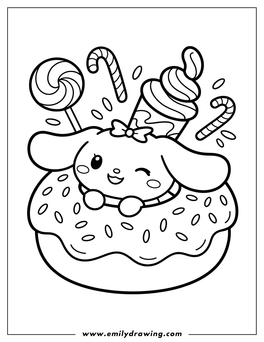 Line art of Cinnamoroll, a small puppy with long ears and a bow, sitting happily in a large donut with candy and swirls surrounding them.