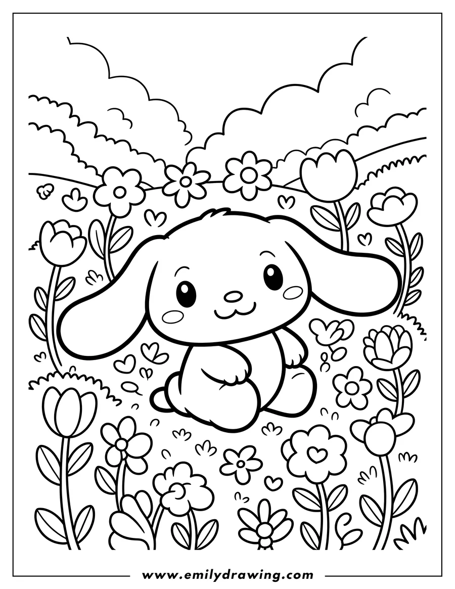 Outline of Cinnamoroll sitting in a garden surrounded by flowers and plants.