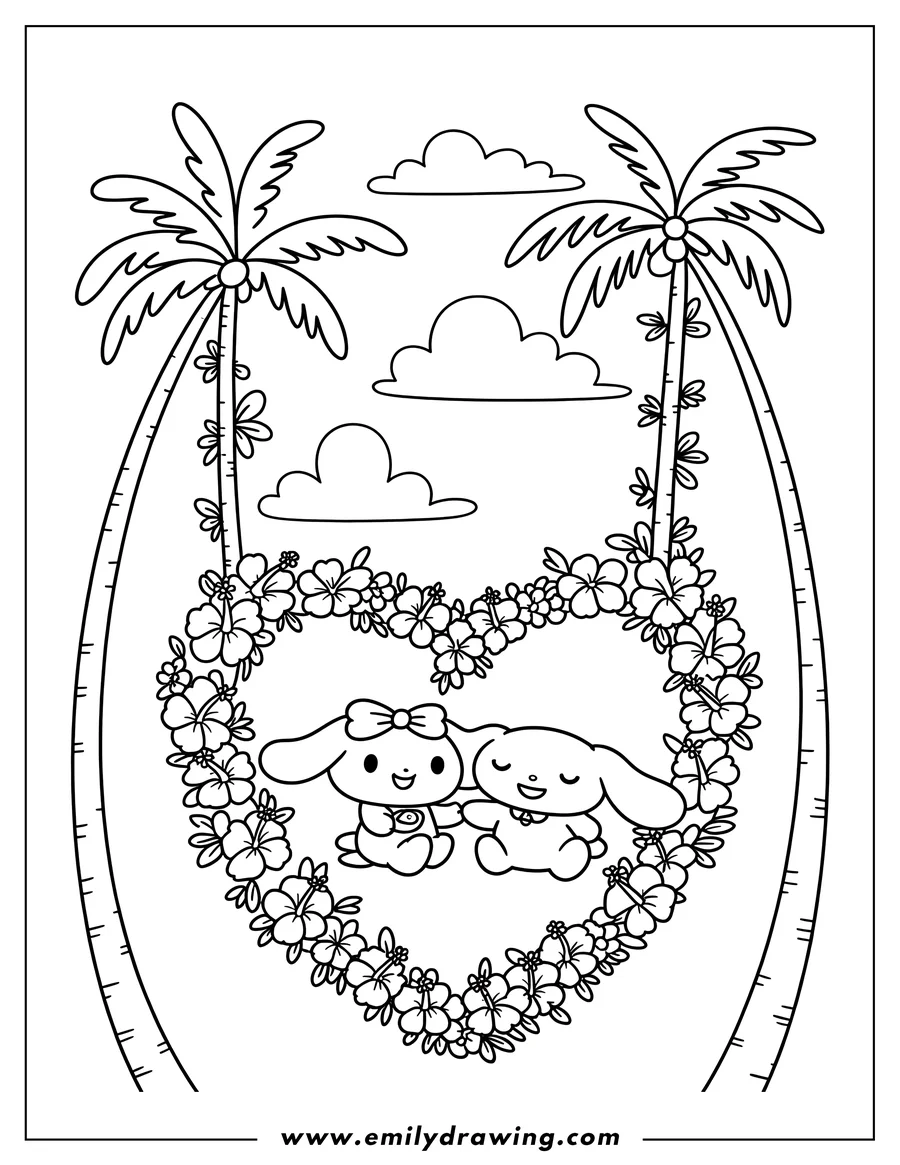 Line art of Cinnamoroll and a friend sitting inside a heart-shaped frame of hibiscus flowers, with palm trees and clouds in the background.