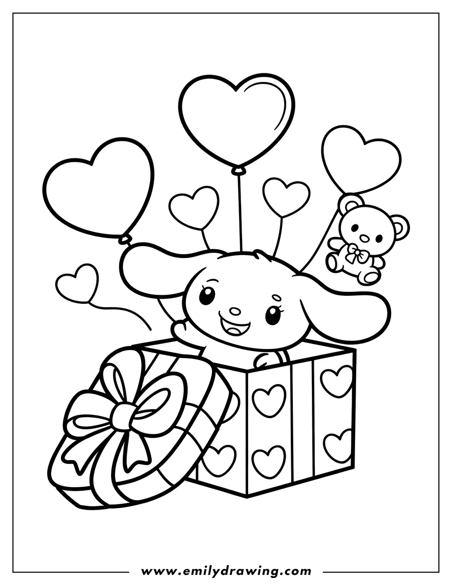 Line art of Cinnamoroll in a gift box with heart-shaped balloons and a small teddy bear.