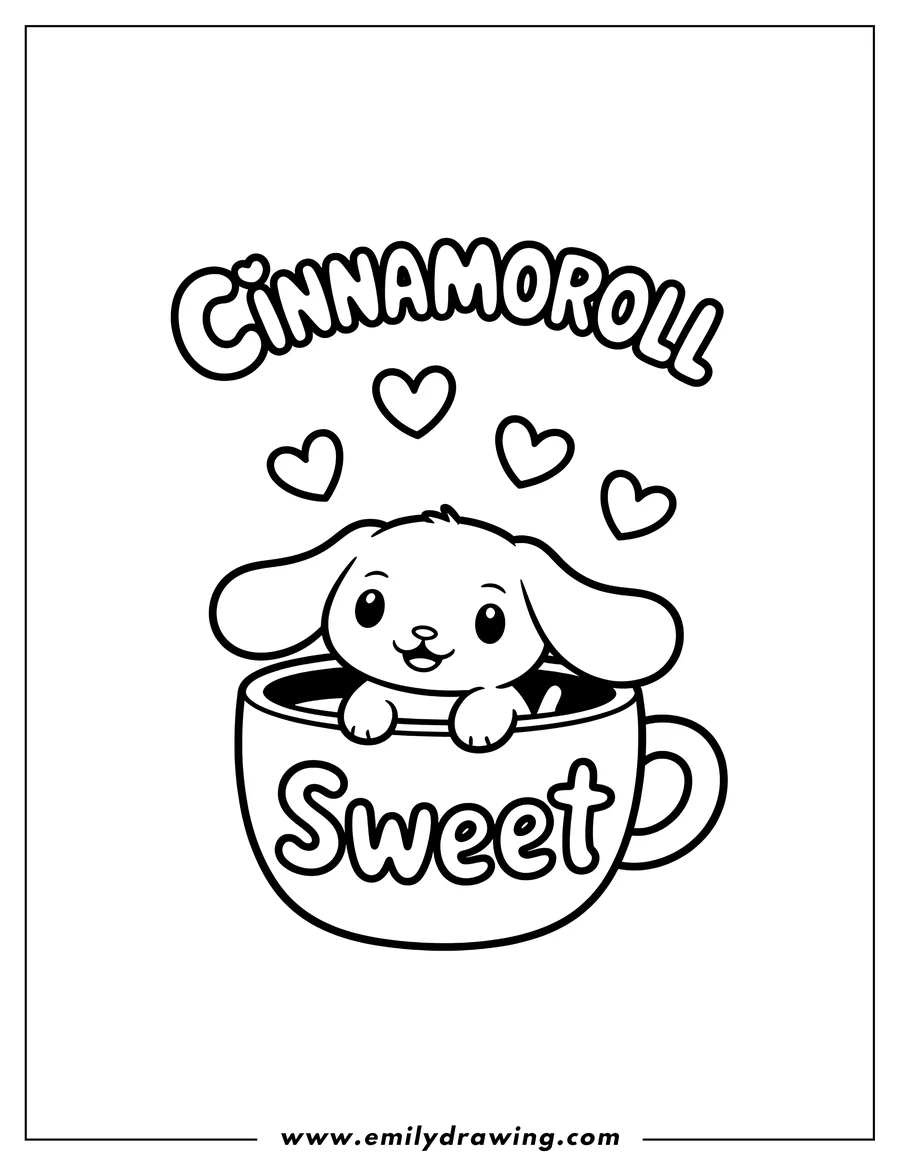 Line art of Cinnamoroll sitting in a mug labeled 'Sweet'.