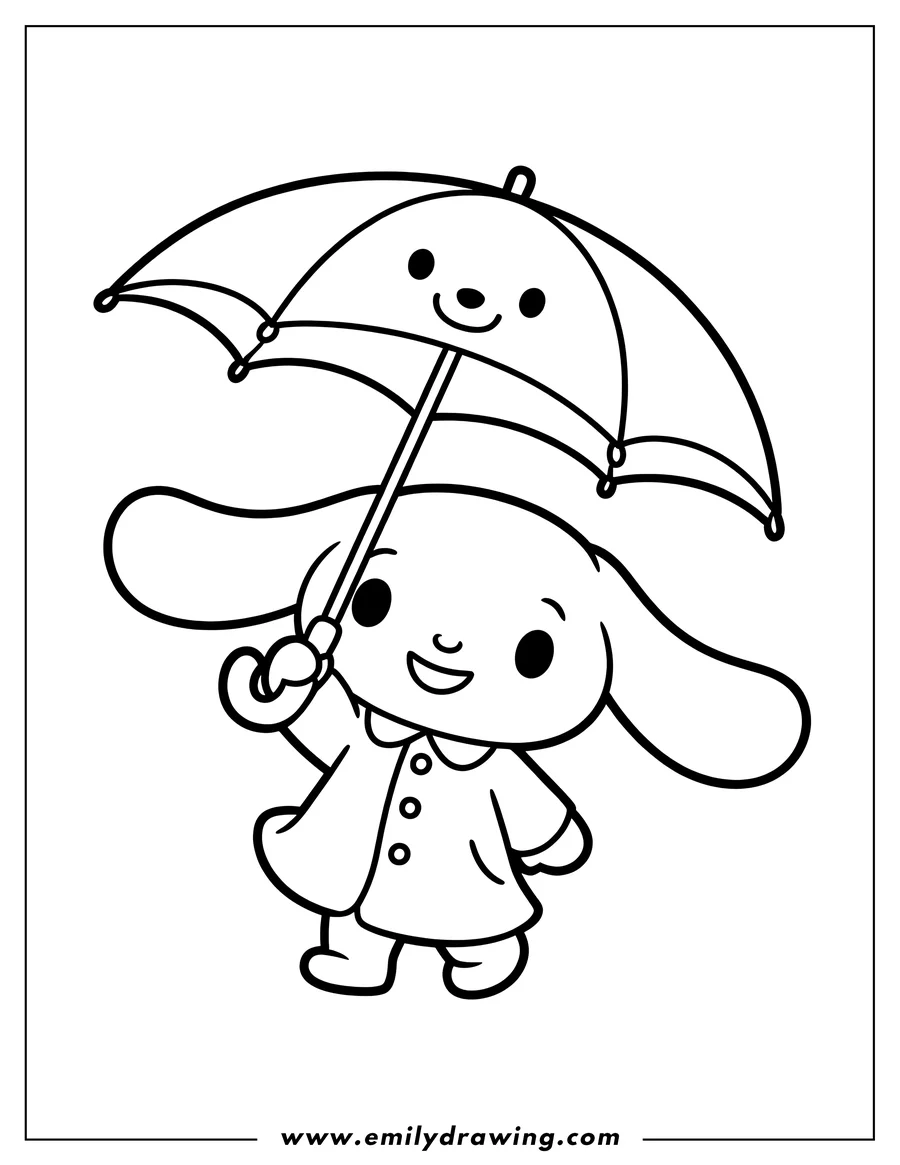 Line art of Cinnamoroll wearing a buttoned raincoat and holding an umbrella.
