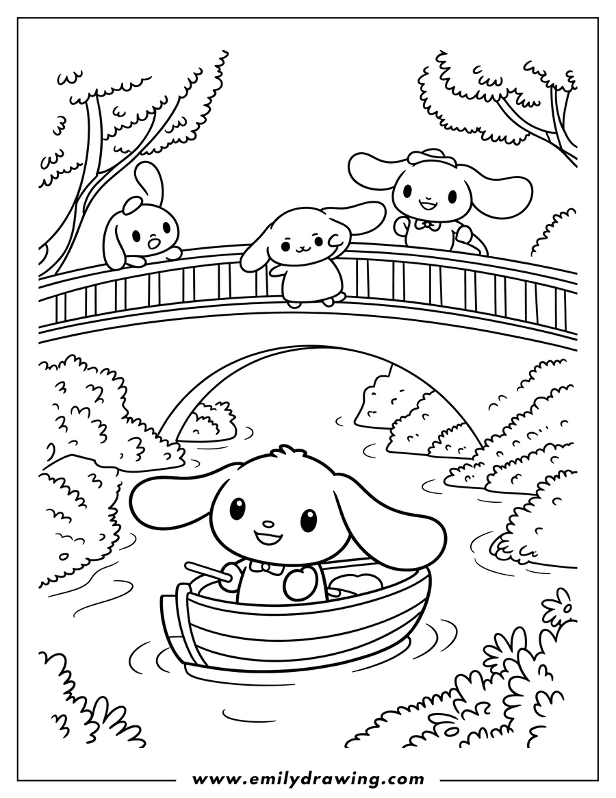 Line art of Cinnamoroll rowing a small wooden rowboat on a pond beneath a bridge, where his friends watch from above. Trees and bushes surround the peaceful scene.