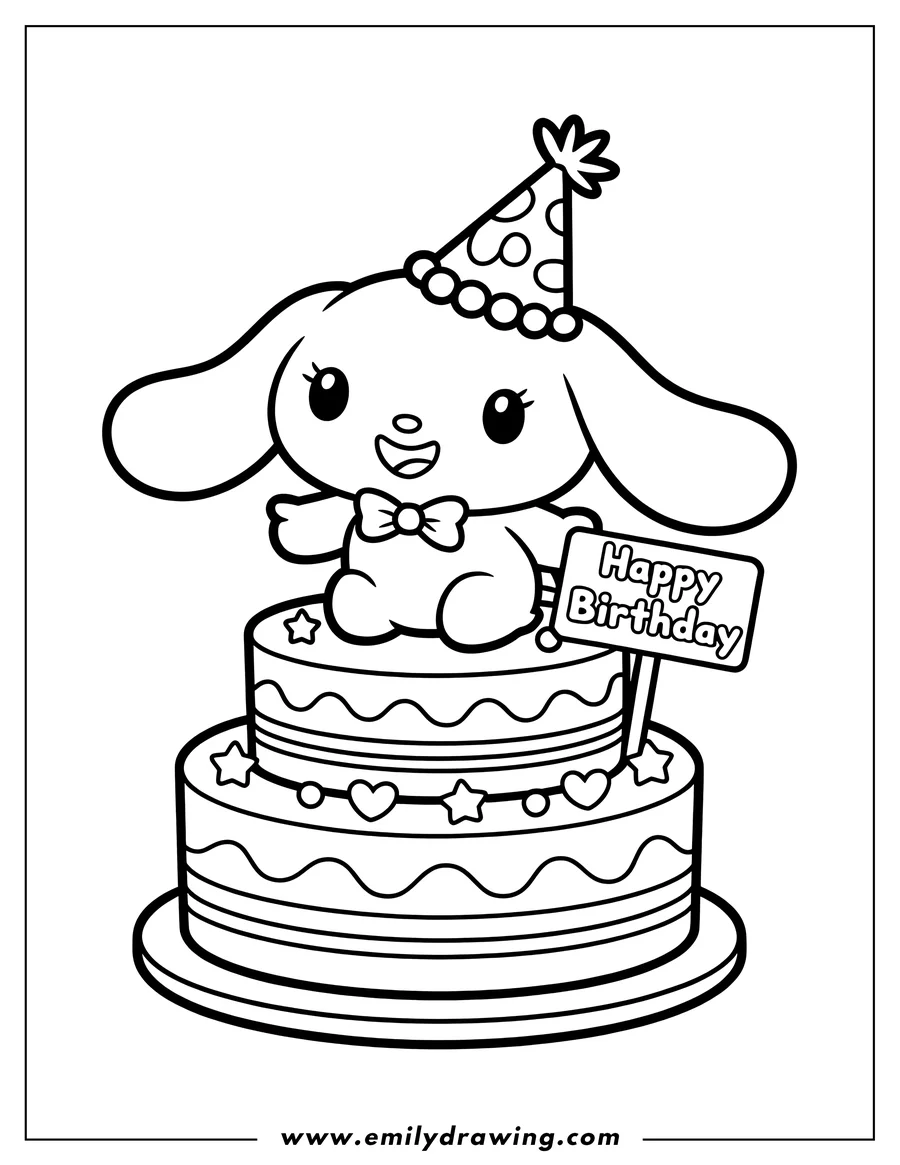 Line art of Cinnamoroll, a small white puppy with long ears and a cheerful expression, sitting on top of a two-tiered birthday cake. He wears a polka-dotted party hat and a bow tie. A small sign next to him says