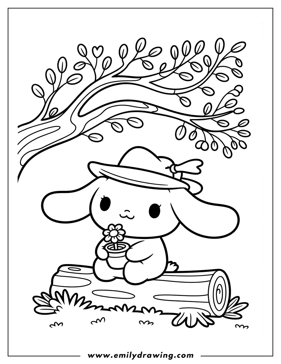 Outline of Cinnamoroll sitting on a log, wearing a hat and holding a small potted flower. A tree branch overhangs the scene.