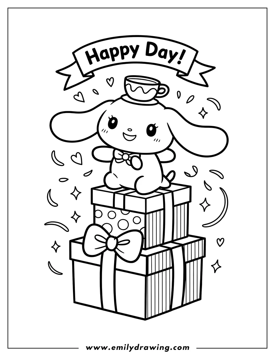 Line art of Cinnamoroll sitting on two wrapped presents while balancing a teacup on his head. A