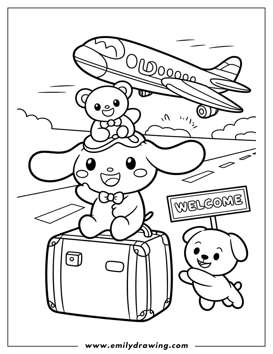 Line art of Cinnamoroll sitting on a suitcase with a small bear on his head, a plane in the background, and a friend greeting him with a welcome sign.