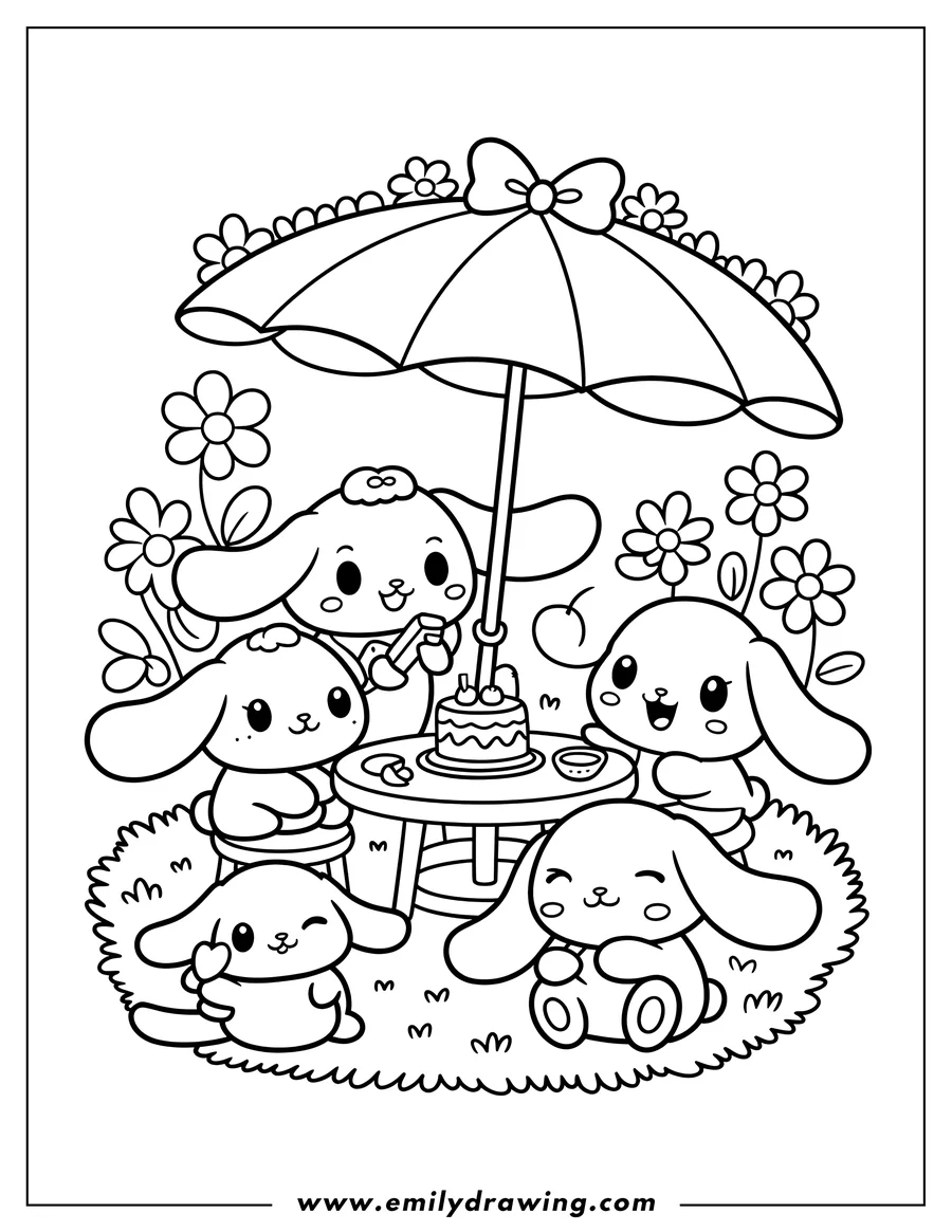 Outline of Cinnamoroll and friends having a picnic under a decorated umbrella. They are gathered around a table with a cake, enjoying the outdoor setting.