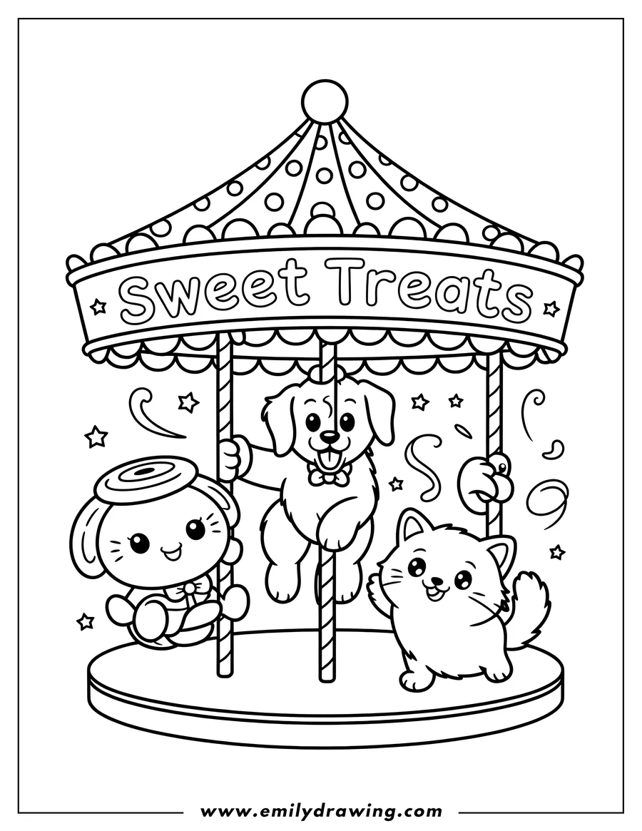 Line art of Cinnamoroll, a puppy, and a kitten riding a carousel. Cinnamoroll sits in a teacup swing while the puppy and kitten hang onto poles. The carousel has a striped top and is decorated with stars and swirls.