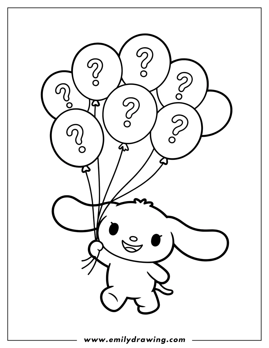 Line art of Cinnamoroll holding a bunch of balloons with question marks on them.