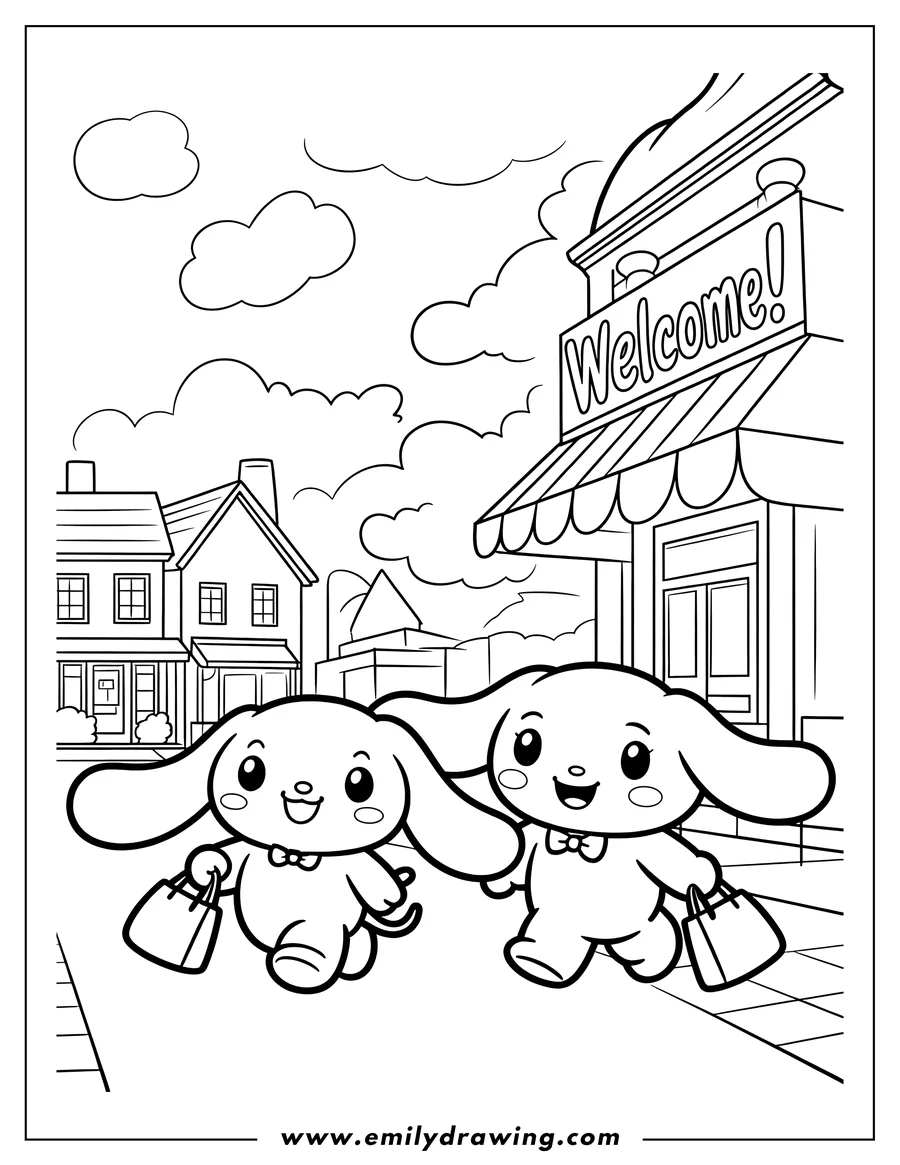 Line art of two Cinnamorolls with shopping bags, walking down a street past houses and a shop with a 'Welcome' sign.