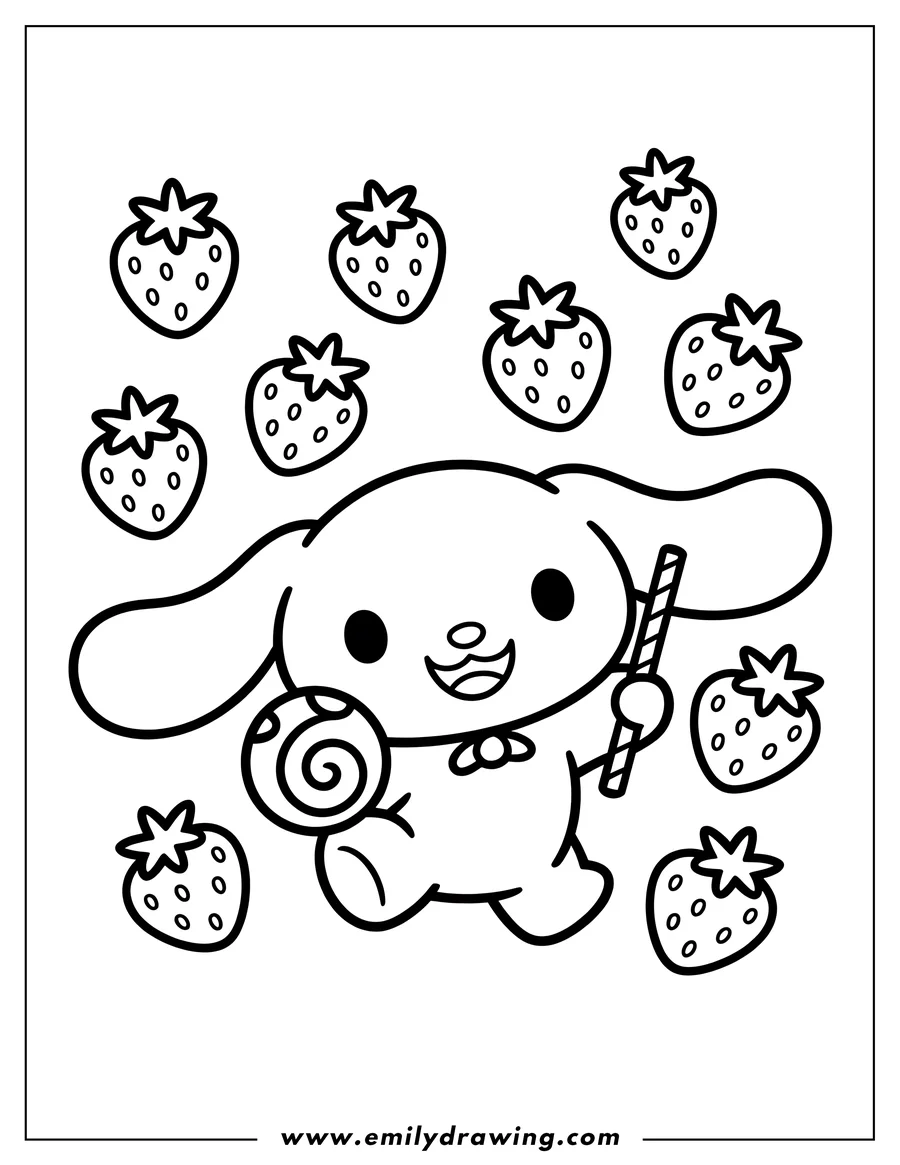 Line art of Cinnamoroll, a kawaii puppy character, holding a candy and a straw, surrounded by floating strawberries.