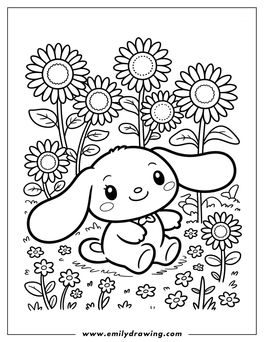 Outline of Cinnamoroll sitting in a field of sunflowers and smaller flowers. He is wearing a bow tie and has a happy expression.