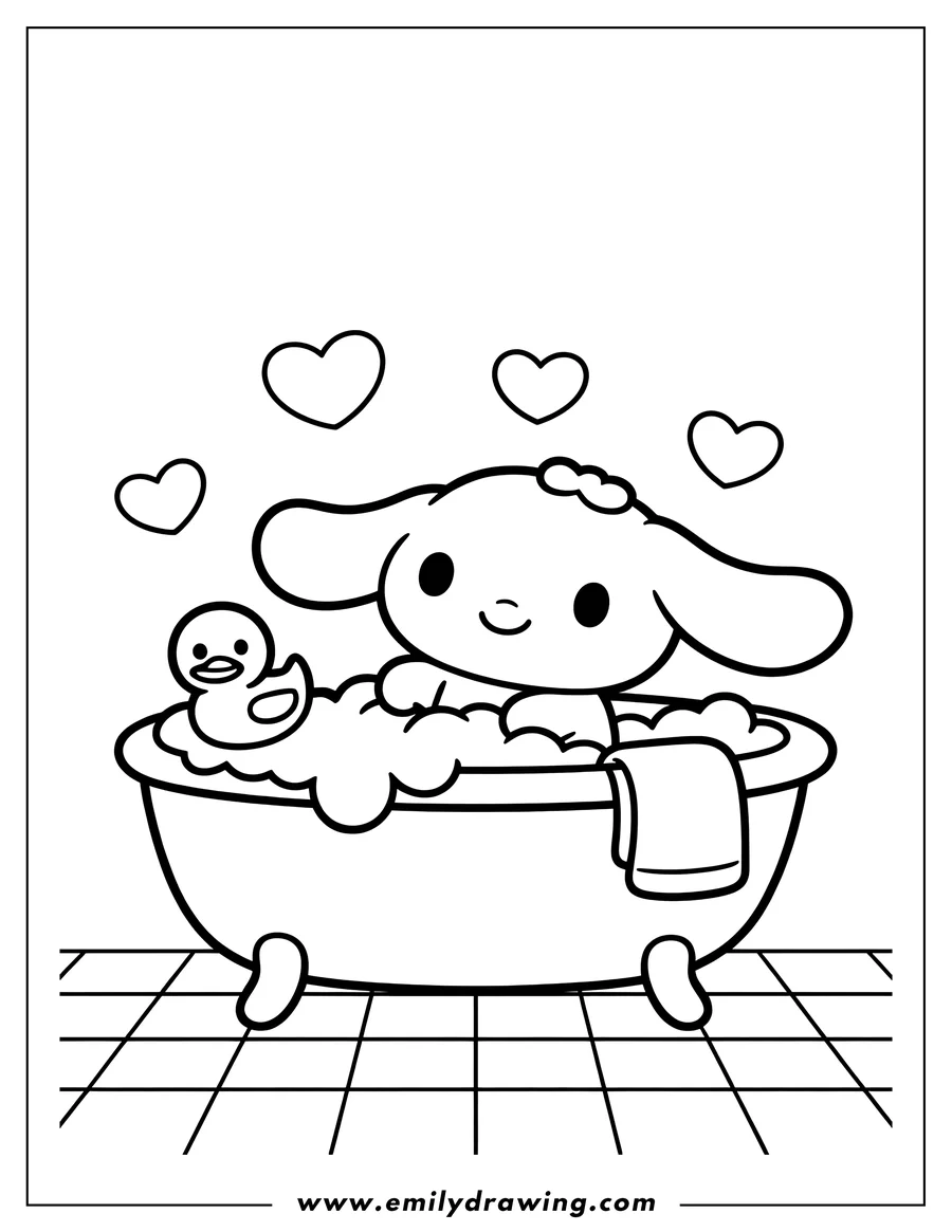 Line art of Cinnamoroll, a small white puppy, taking a bubble bath with a rubber duck. Floating hearts add to the cuteness.