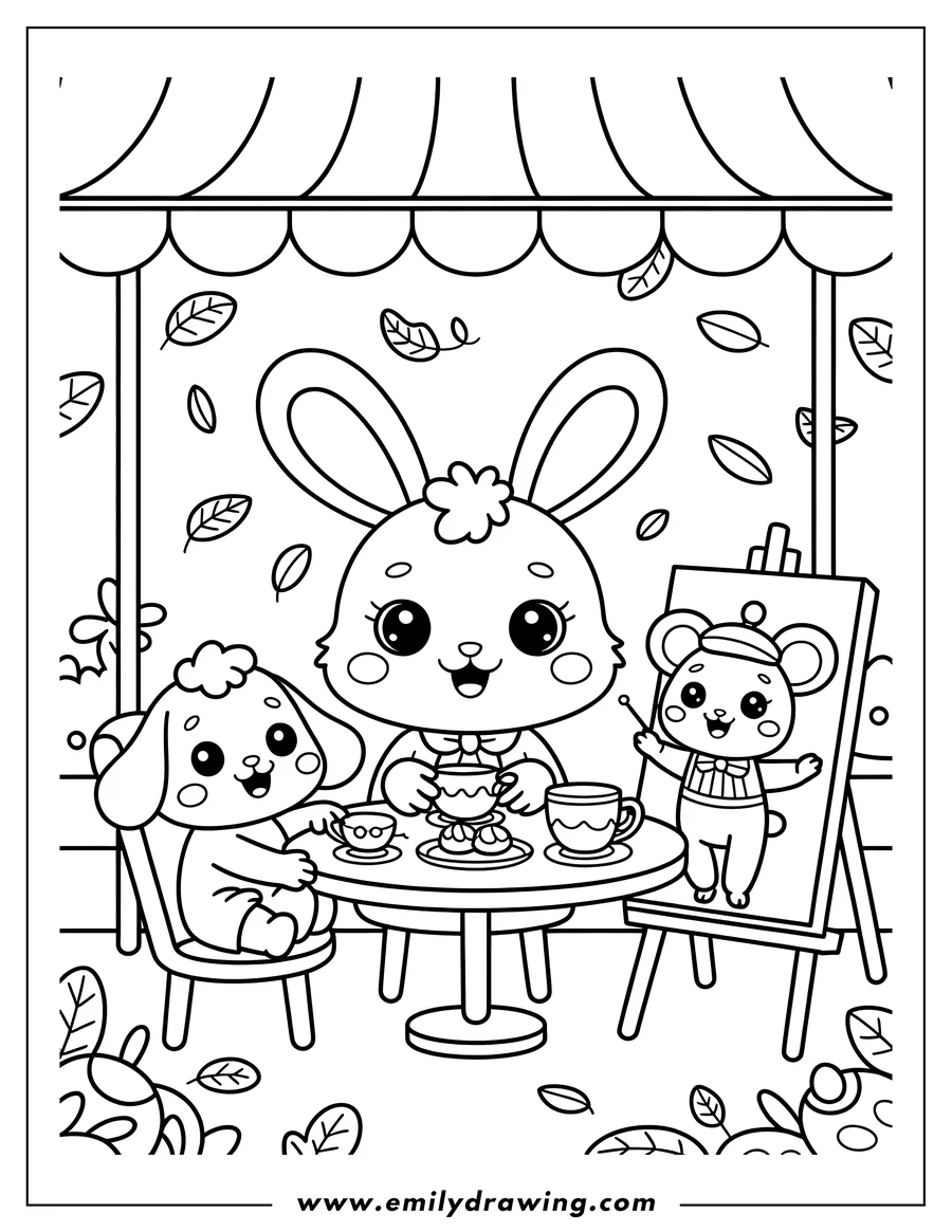 Line art of Cinnamoroll, a lamb, and a mouse artist enjoying a tea party under an awning with falling leaves.