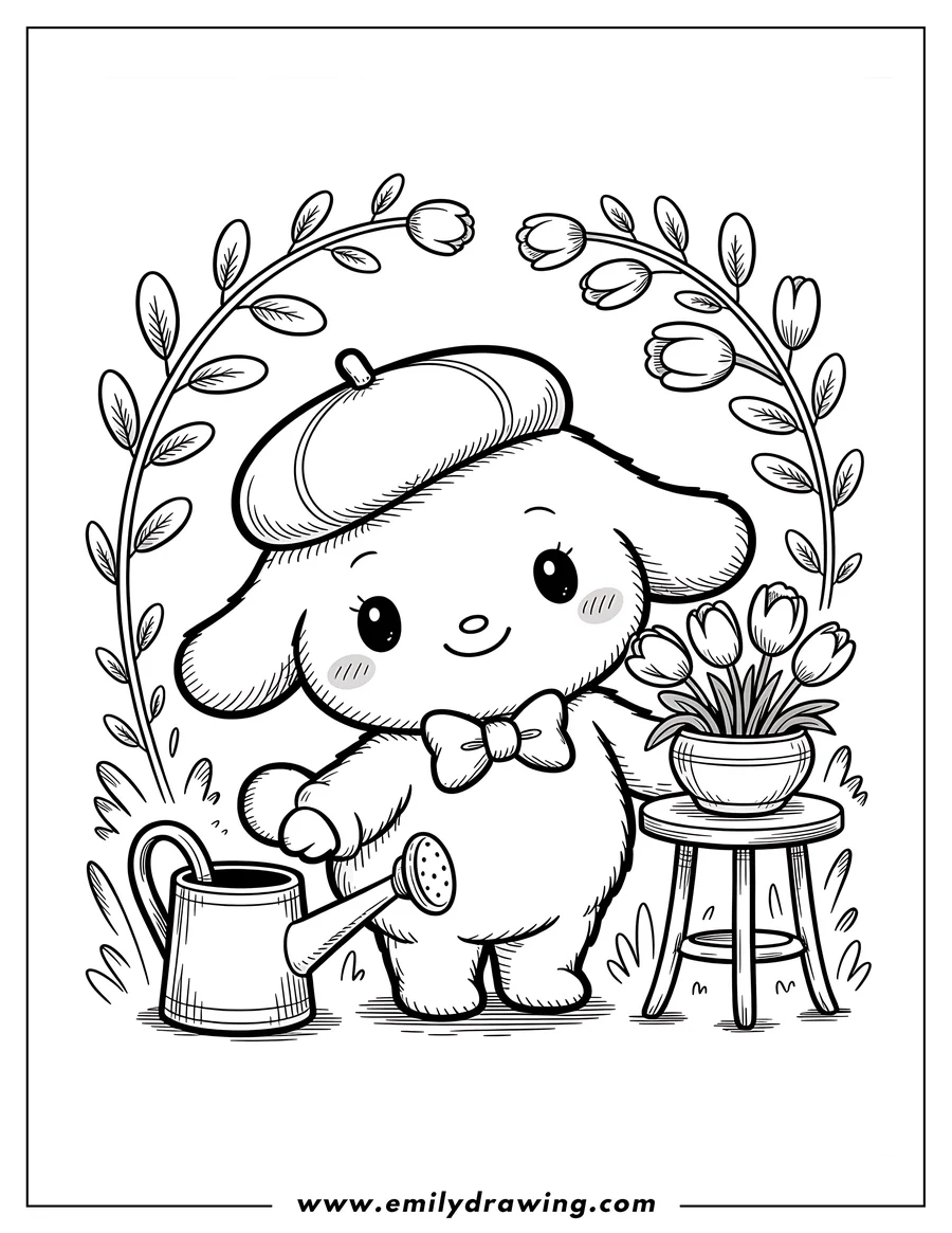 Line art of Cinnamoroll, a small white puppy with long ears and a curly tail, wearing a beret and bow tie. He's holding a watering can and watering a pot of tulips on a small stool.