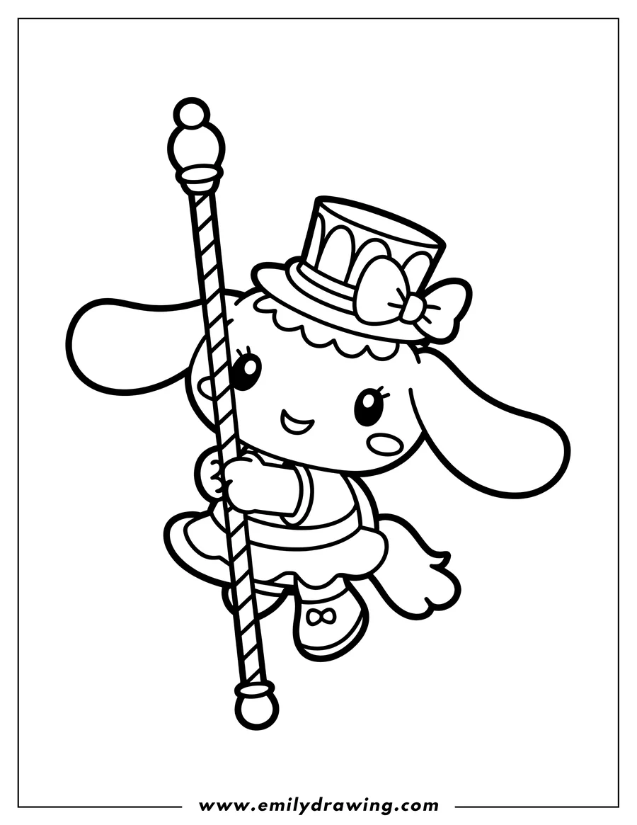 Line art of Cinnamoroll, a small white puppy, holding a striped baton. He wears a small top hat with a bow and small shoes with bows.