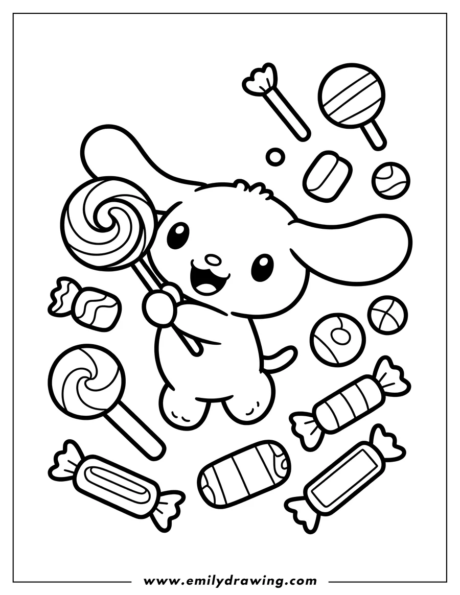 Line art of Cinnamoroll surrounded by various candies and lollipops.