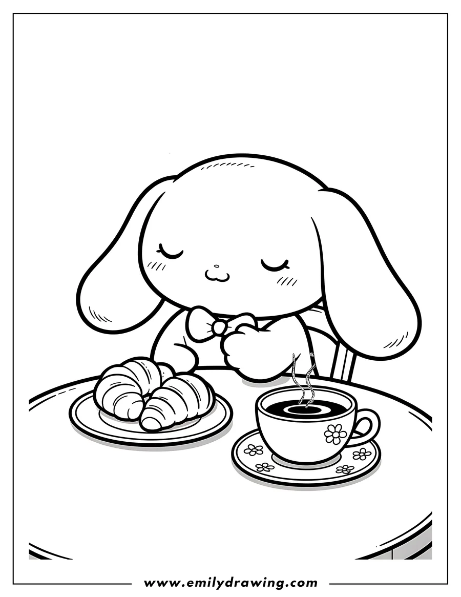 Line art of Cinnamoroll sitting at a table with a plate of croissants and a cup of hot coffee.