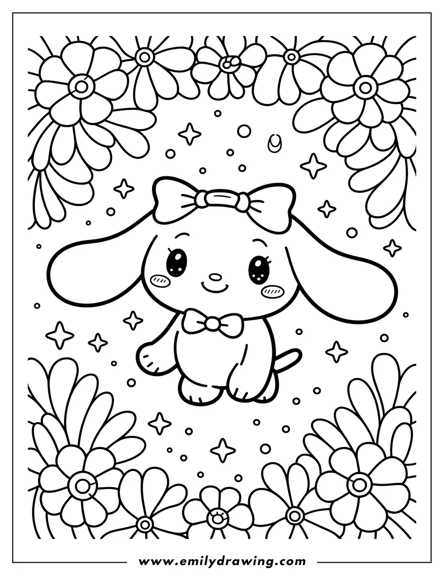 Outline drawing of Cinnamoroll surrounded by a border of flowers and small stars. He is wearing two bows, one on his head and one on his chest.