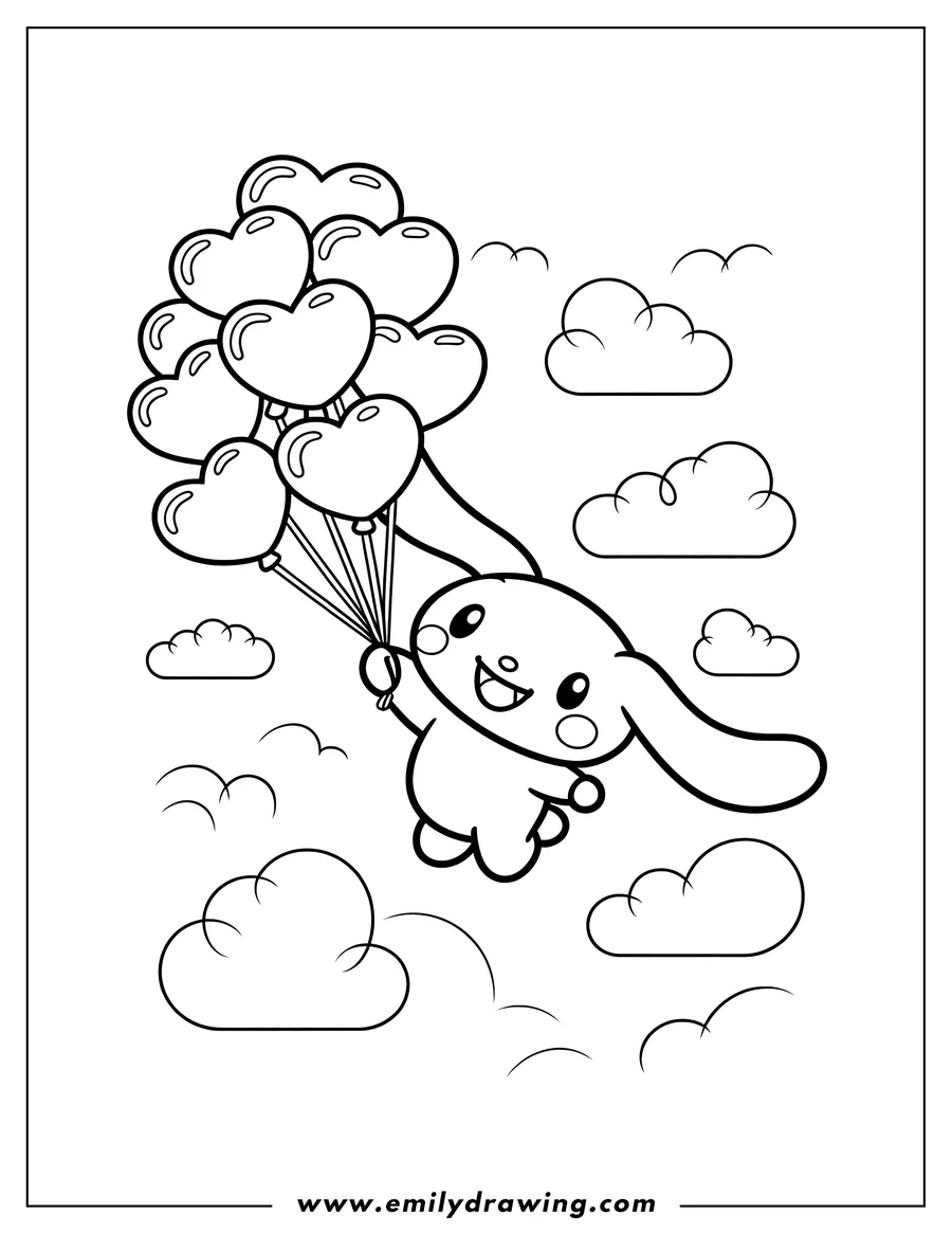 Outline of Cinnamoroll holding heart-shaped balloons and floating among fluffy clouds.