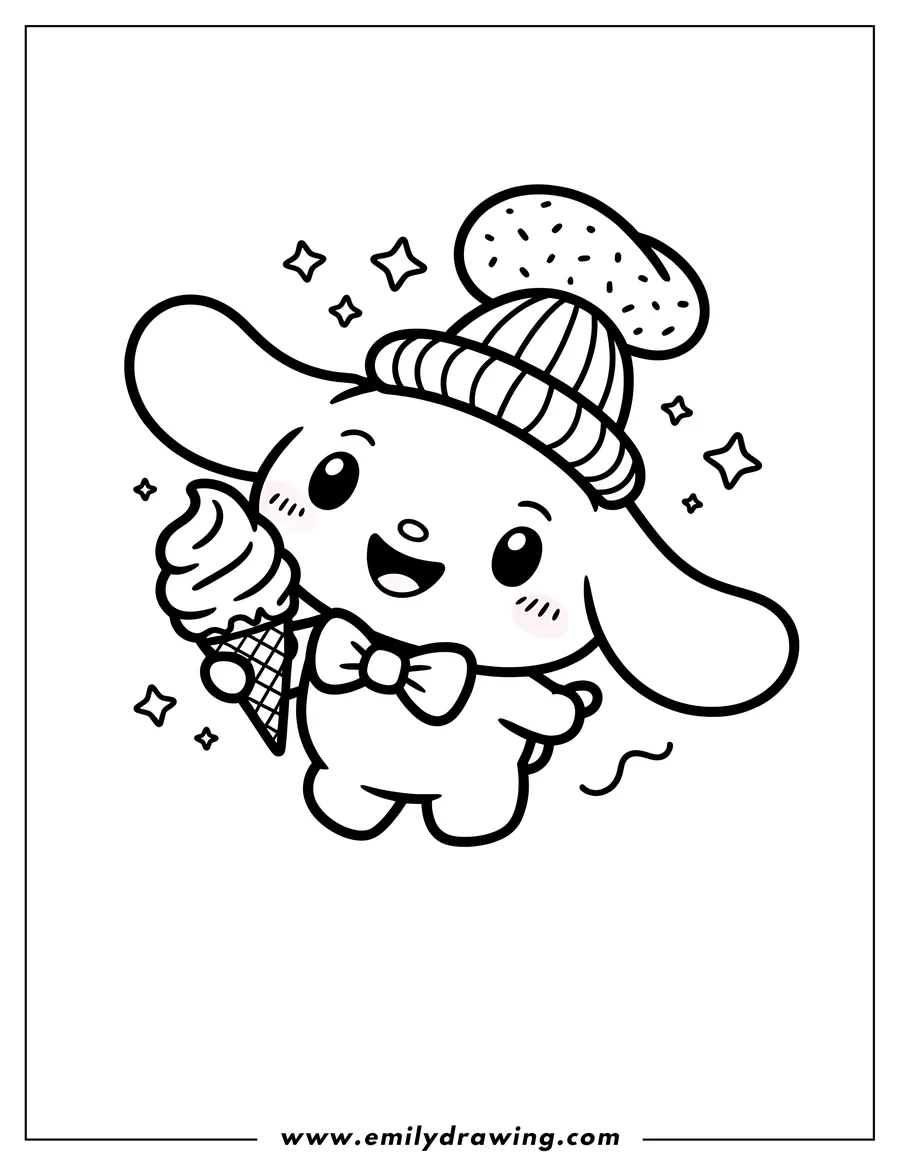 Outline of Cinnamoroll holding an ice cream cone and wearing a knit cap and bow tie.