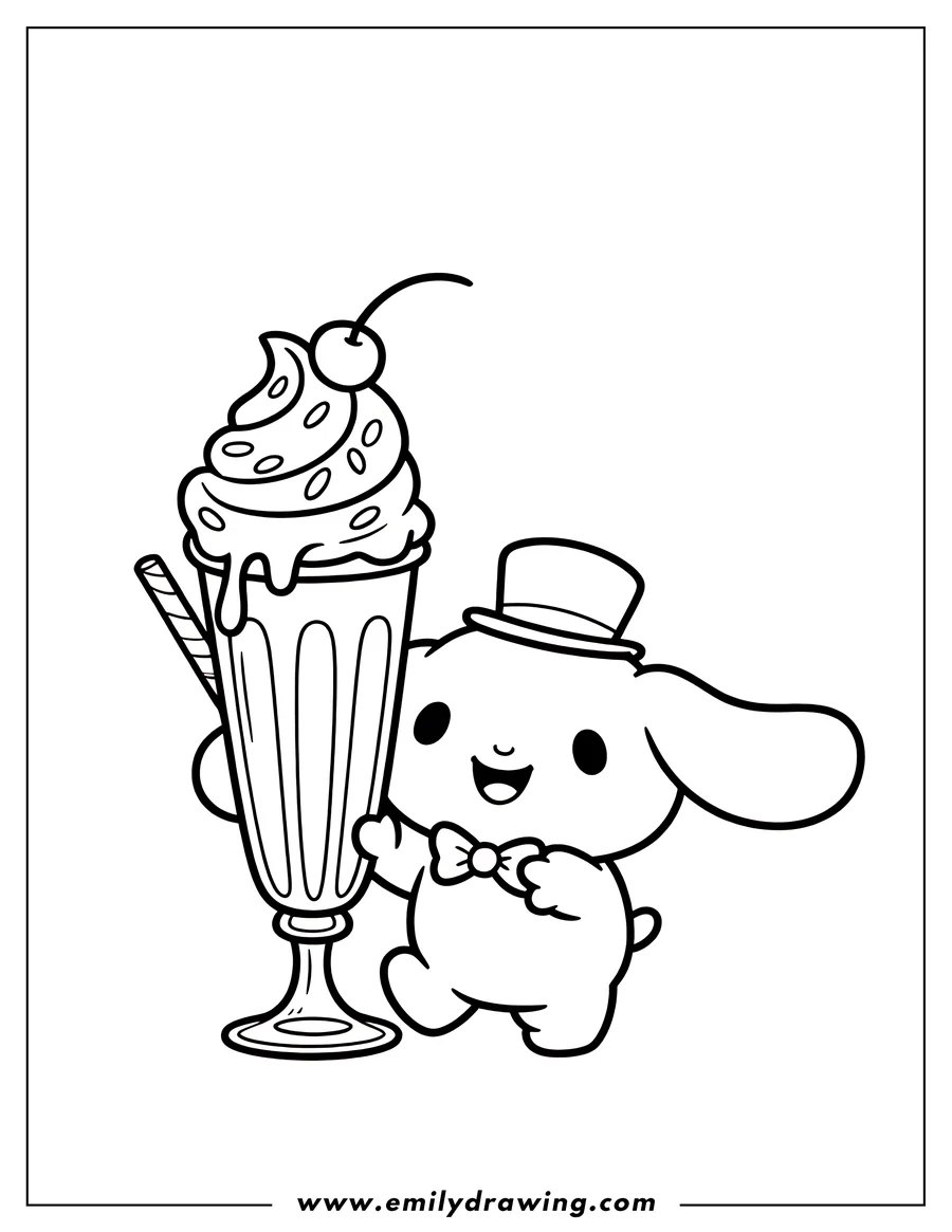 Outline of Cinnamoroll holding a tall milkshake topped with whipped cream and a cherry. He wears a small hat and a bow tie.