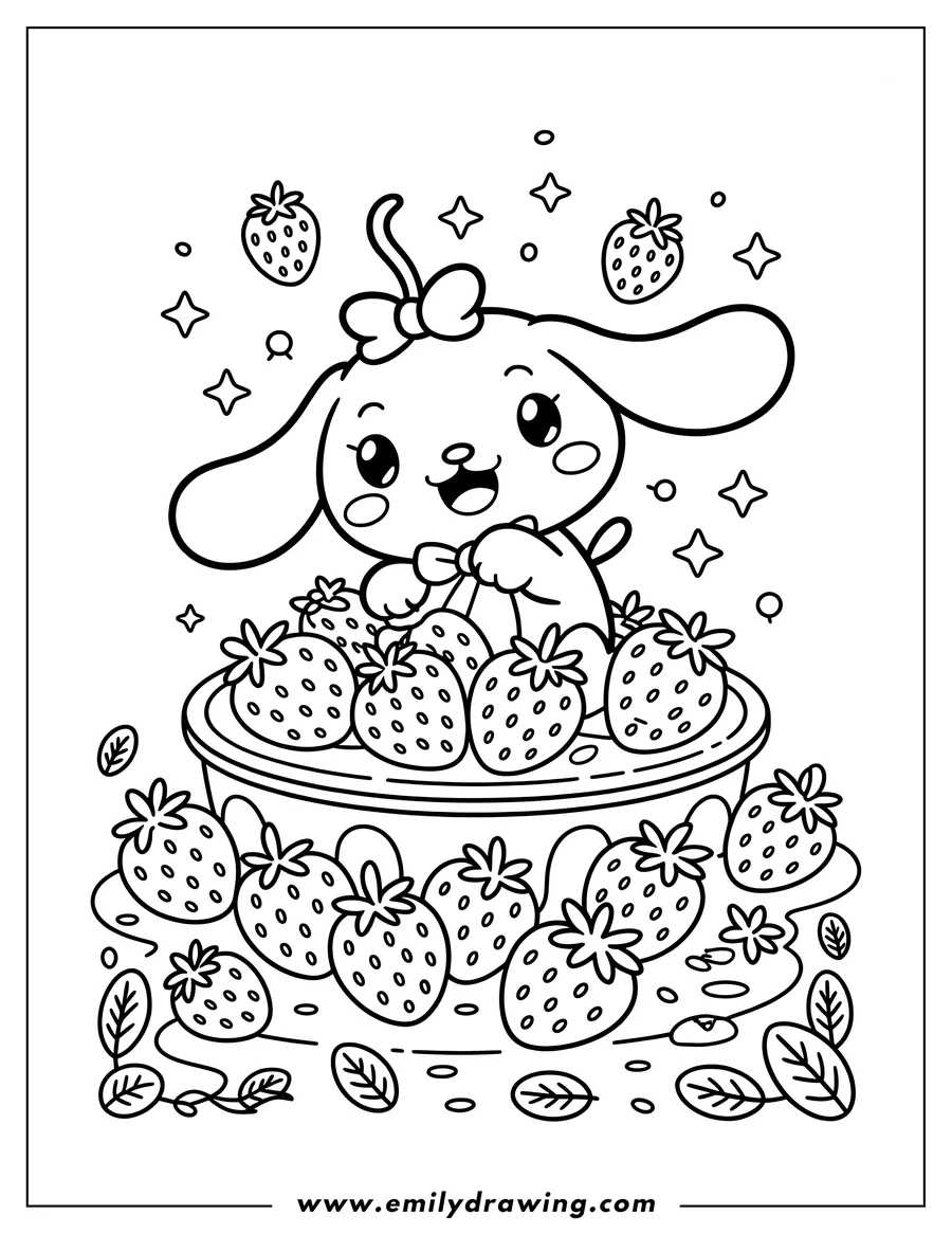 Line art of Cinnamoroll sitting in a large bowl surrounded by strawberries.