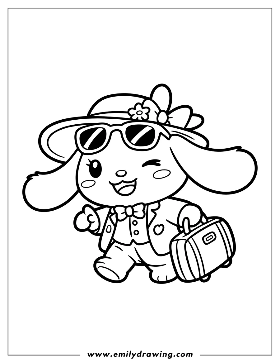 Line art of Cinnamoroll, a small white puppy, dressed in a suit, hat, and sunglasses, carrying a suitcase. He's winking and ready for an adventure.