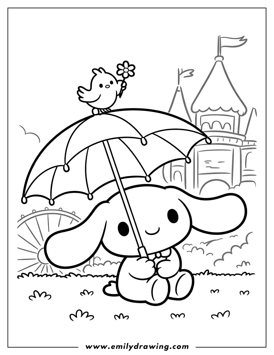 Outline of Cinnamoroll sitting on the grass holding an umbrella with a small chick perched on top holding a flower, a Ferris wheel and castle in the background.