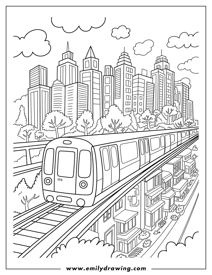 Line art of a city scene with an elevated train passing by buildings and trees.
