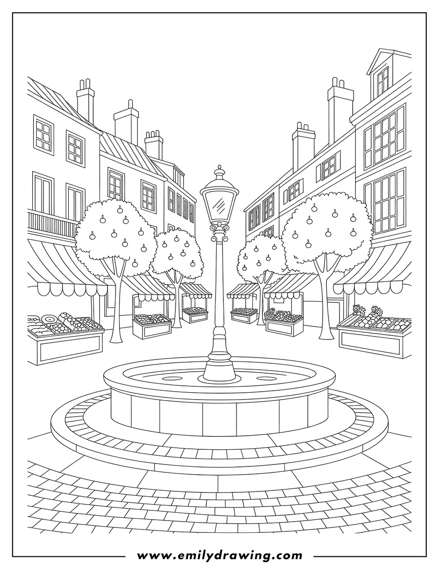 Outline of a city market scene with a fountain, market stalls, trees, and buildings.