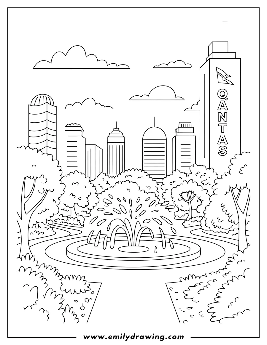 Outline of a city park with a fountain, trees, and buildings in the background.